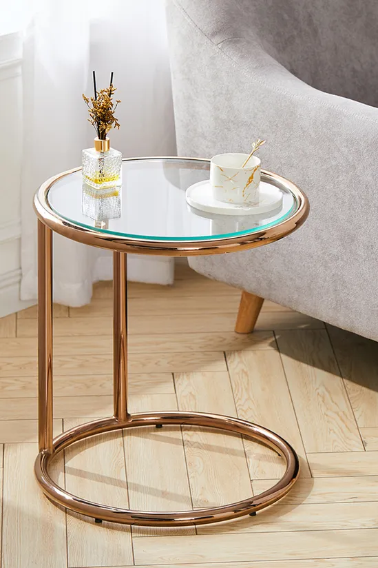 Living and Home Clear Tempered Glass Round Side Table with Metal Base