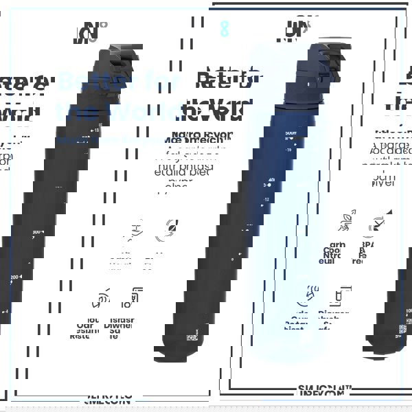 A dark-blue water bottle sits against a white background. It displays volume markings and a QR code. Accompanying text highlights its eco-friendly, plant-based construction.