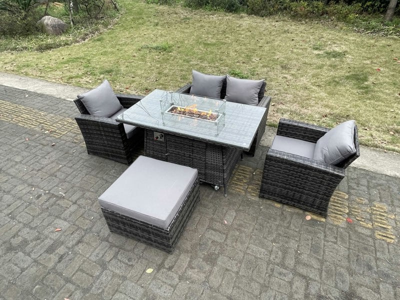 Fimous Rattan Outdoor Furniture Gas Fire Pit Rectangle Dining Table Gas Heater Chairs Two Seater Love Sofa Sets Big Footstools 5 Seater