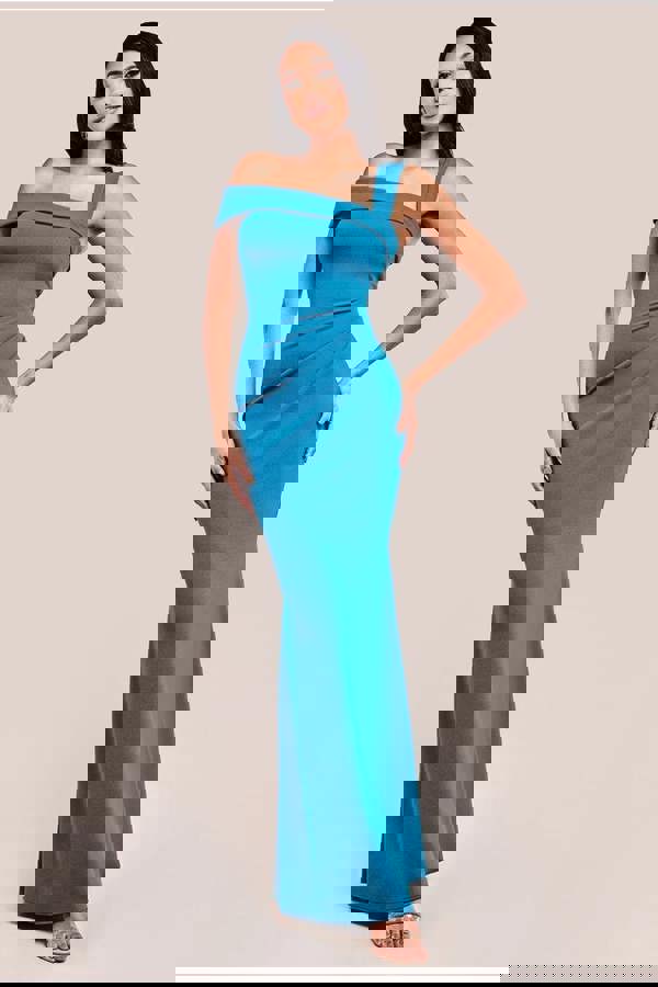 Off The Shoulder Pleated Waist Maxi Dress - Teal Blue DR2594G