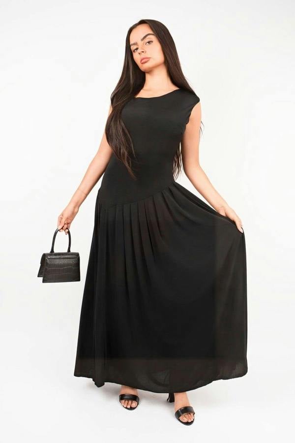 Tylah Short Sleeve Pleated Relaxed Maxi Dress - Black