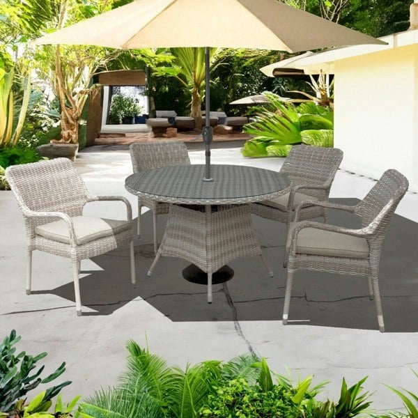 Oseasons Palmera Rattan Stacking 4 Seat Dining Set in Sandy White with 2.7m LED Parasol and Base