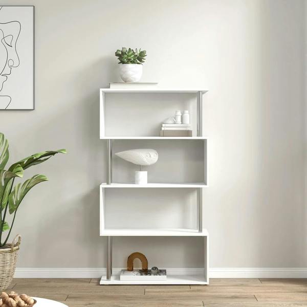 White S-shaped 5-tier bookcase with open shelves and slim metal supports