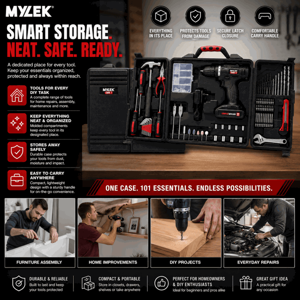 MYLEK 18V Cordless Li-ion Drill And 130 Piece DIY Home Kit With Carry Case