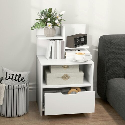 HOMCOM Modern Bedside Table, Nightstand with Drawer and Shelf, White