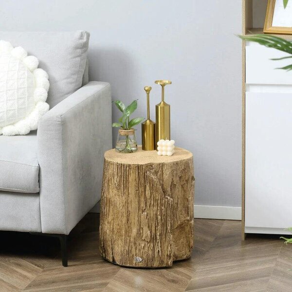 Bobobiy Tree Stump End Table, Round Concrete Side Table for Indoor and Outdoor Use, Natural Wood Effect