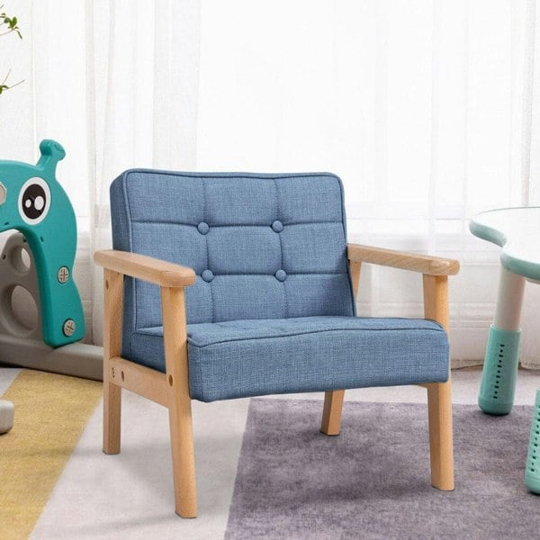 Blue MINI Single Children’s Sofa with Linen Fabric Upholstery Living and Home