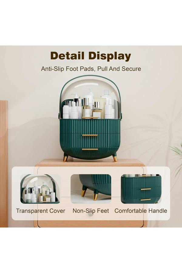Dyzi Green & Clear Dustproof Makeup Organizer with 2 Drawers & Handle
