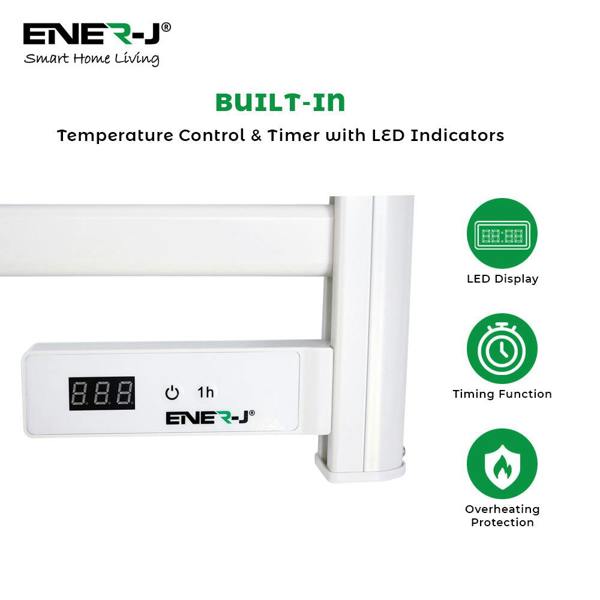 Ener-J 100W Infrared Heated Towel Rail, Wall Mounted 5-Bar Electric Bathroom Radiator, LED Timer, IP24 White