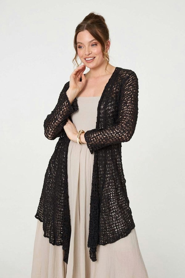 Black | Crochet Knit Longline Waterfall Cardigan
