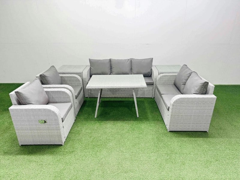 Fimous PE Rattan Garden Furniture Set Outdoor Rectangular Dining Table Sofa Set with Reclining Chair 2 Side Tables Light Grey