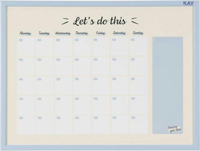KAV 23.62" x 17.72" Magnetic Dry Erase Monthly Planner White Board - Stylish Pastel Collection Blue MDF Frame - Easy Install and Clean Weekly Planner