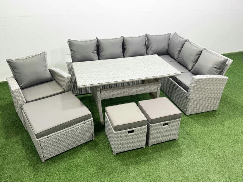 Fimous Rattan Garden Furniture Set Outdoor 10 Seater Patio Dining Corner Sofa Sets with Dining Table Chair 3 Footstools Light Grey Mixed