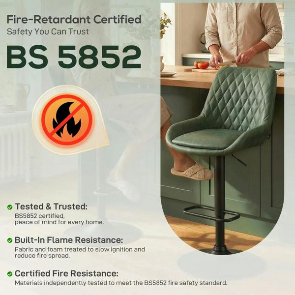 Green upholstered bar stool with diamond-tufted back and adjustable black base in kitchen
