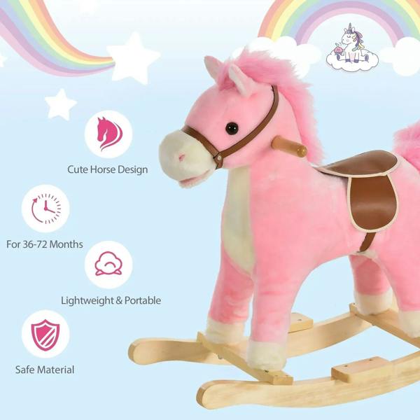 Pink plush rocking horse toy with brown bridle, open saddle, and wooden base