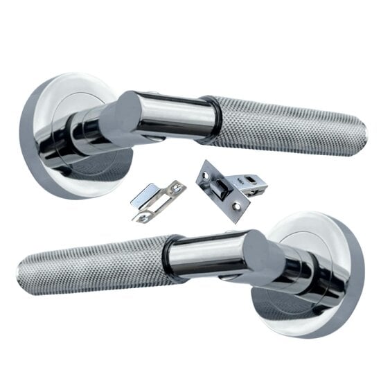 EDH Door Hardware Polished Chrome Knurled Door Handles on Round Rose – Handle Sets - Handle + Latch