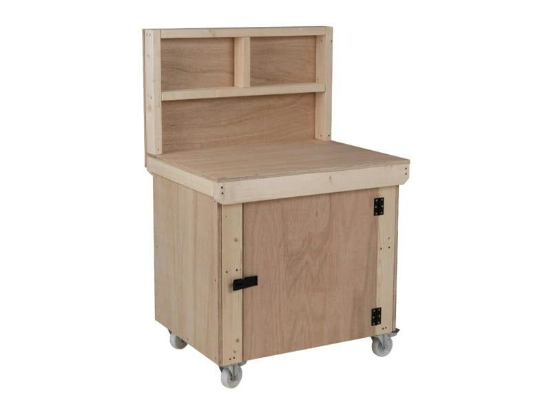 Arbor Garden Solutions Wooden Eucalyptus hardwood top workbench with lockable cupboard (V.9) with back panel and wheels