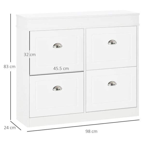 White narrow shoe cabinet with four flip drawers, silver knobs