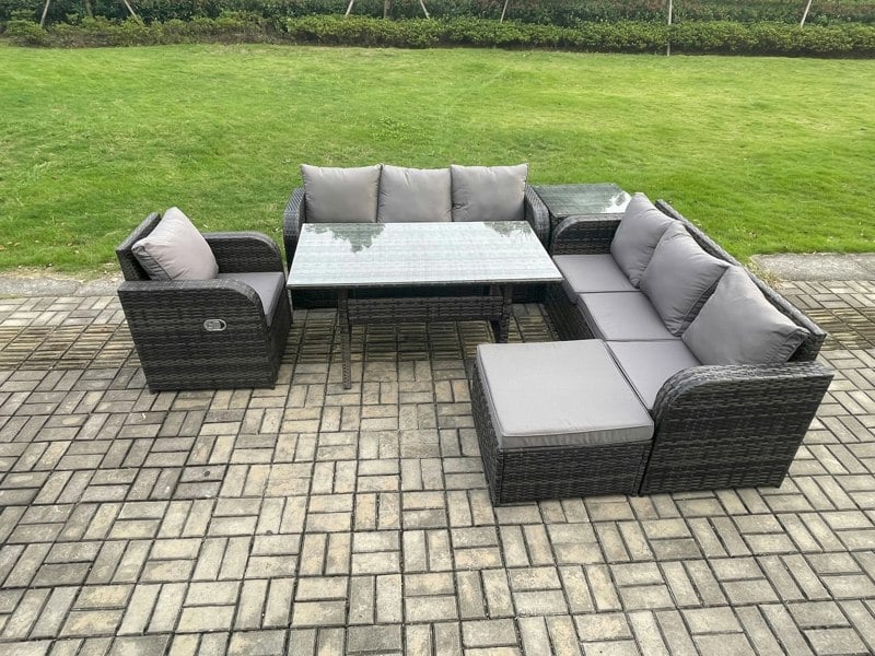 Fimous 8 Seater Dark Grey Mixed Rattan Garden Dining Set - Oblong/Rectangular Table, 3-Seater Sofa & Footstool