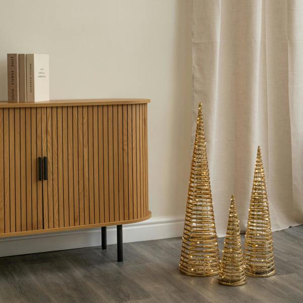 Samuel Alexander Set of 3 Light Up Gold Braid Christmas Cone Trees with Warm White LEDs