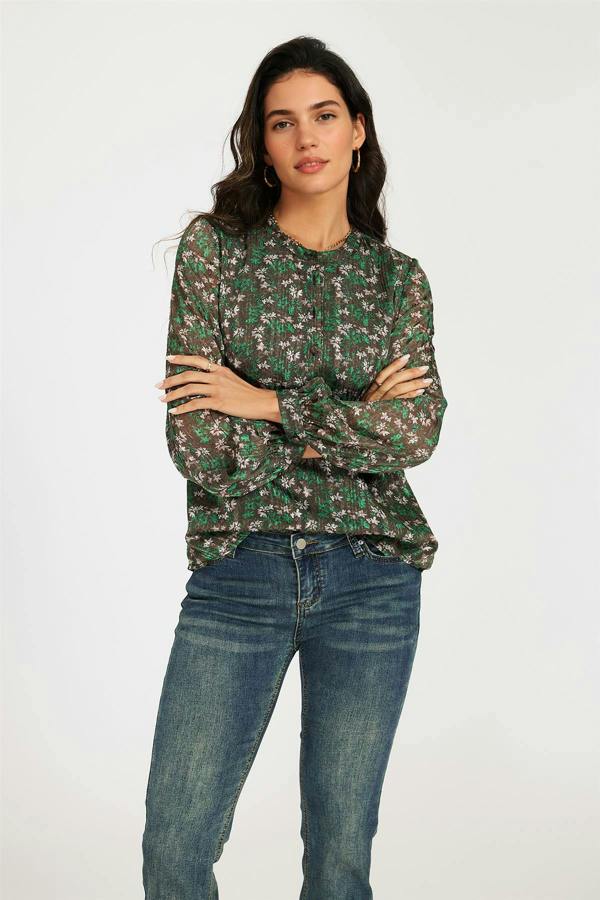 FS Collection Silver Thread Print Long Sleeve Sheer Blouse In Brown