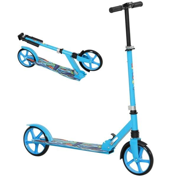 Blue kids scooter with adjustable handlebar and large wheels, rear fender brake