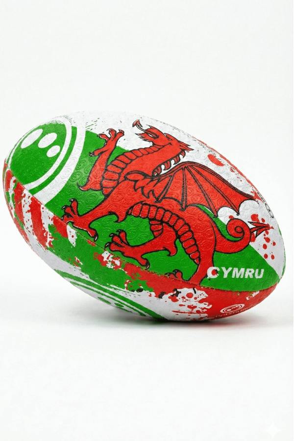 White, green and red Optimum Wales rugby ball with red dragon and CYMRU print, angled on white - Optimum