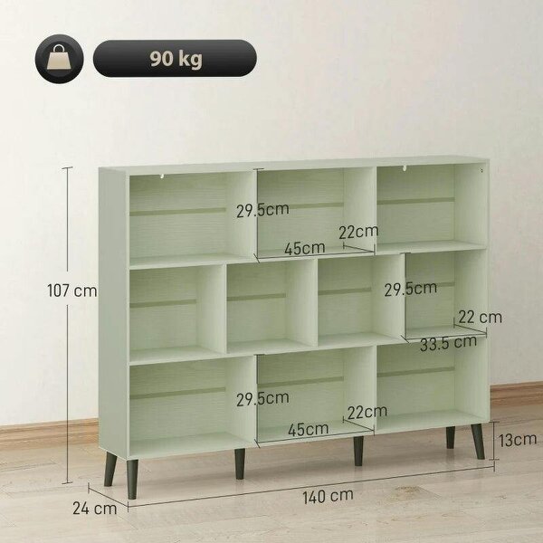 10-Cube Bookcase, 3-Tier Book Shelf with Solid Wood Legs, 140 cm Modern Bookshelf with Anti-Tip Kit, Light Green