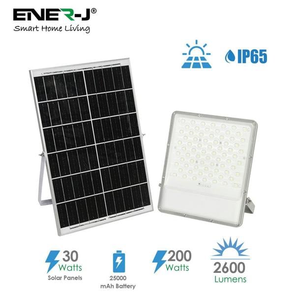 ENER-J 200W Solar LED Floodlight Outdoor with Panel, IP65 Waterproof, 2600 Lumens, Work Light for Garage, Garden, Warehouse & Parking