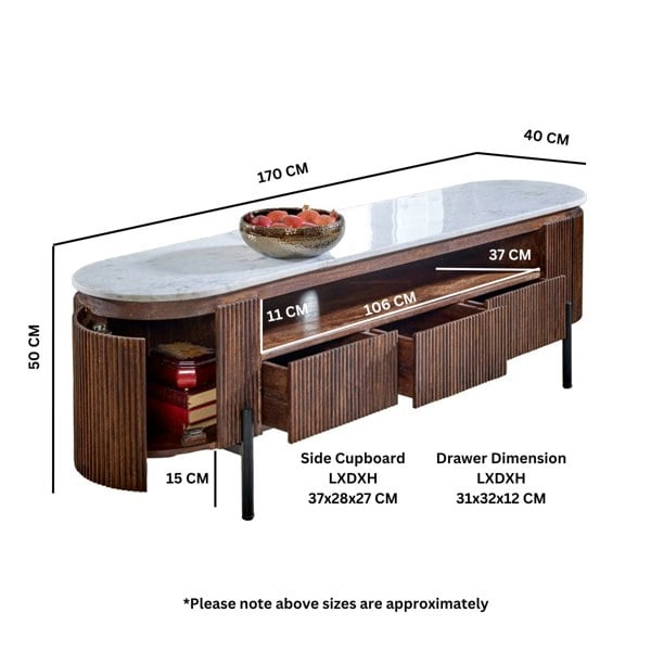 IH Design Miel Mango Wood Large TV Stand With Marble Top & Metal Legs
