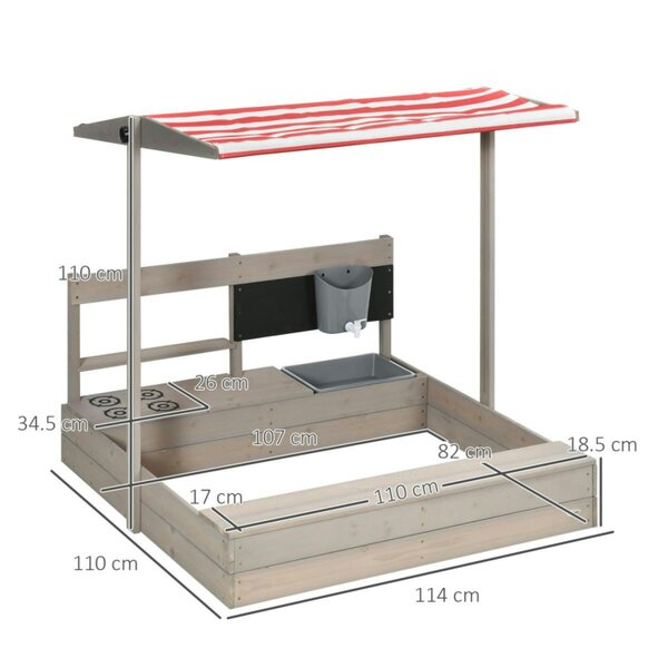 Dyzi Kids Wooden Sandbox with Adjustable Canopy Kitchen Playset and Seat