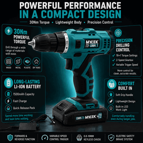 MYLEK 21V Cordless Drill Electric Li-ion Screwdriver Set, 2 Speed, Fast Charge, Variable Speed