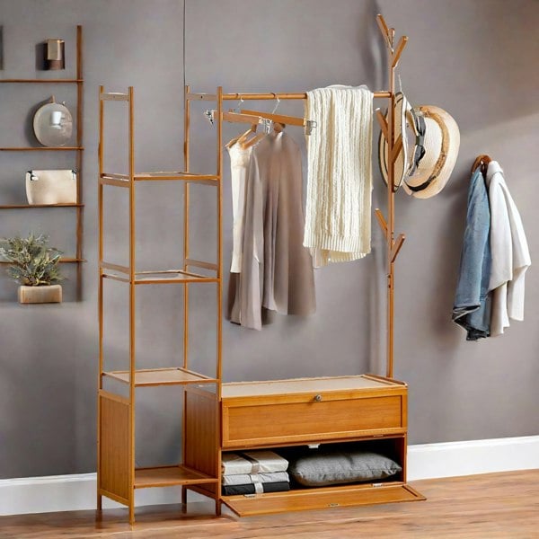 Rafaelo Mobilia Bamboo Coat Stand With Hooks, Shelves & Cabinets