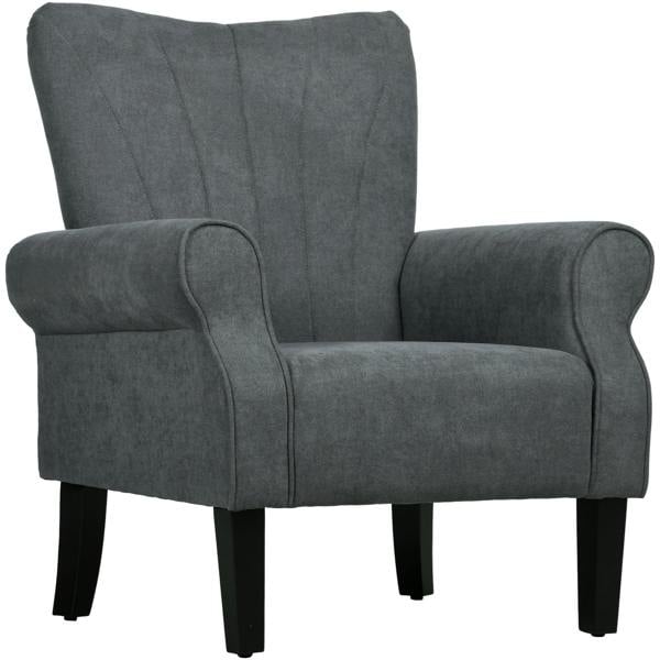 Grey upholstered accent chair with rolled arms and wood legs
