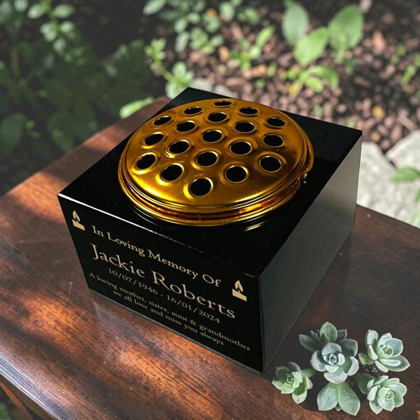 Memorials Direct Granite Memorial Vase with Candle Design, Free Personalised Gold Engraving, Solid Granite 6 x 6 x 4 Inches
