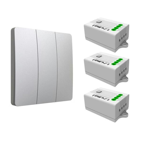 ENER-J 3 Gang Wireless Kinetic Switch, (Silver Finish) + 3 x  500W RF Receiver