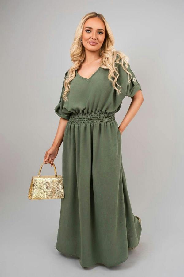 Zamara V Neck Short Sleeve Maxi Dress With Button Detail - Khaki