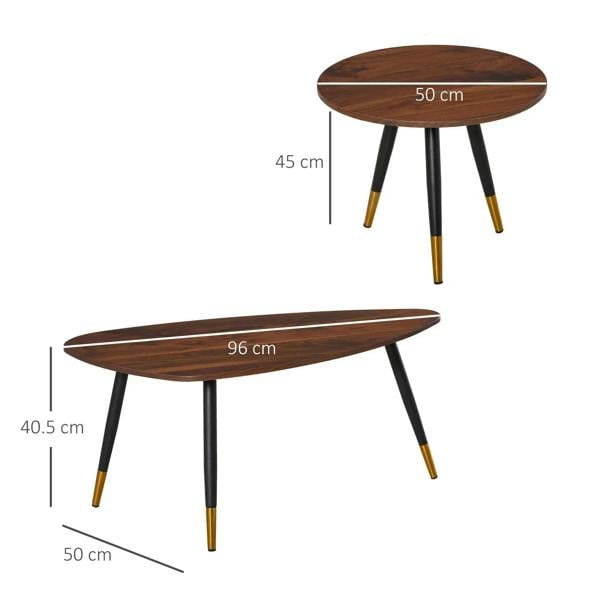 Pair of walnut round coffee tables with black legs and gold tips, size view