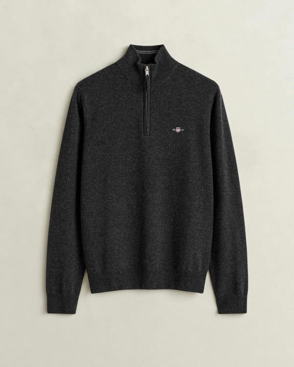 GANT Mens Superfine Lambswool Half Zip Sweater - 97 Dark Charcoal Melange | CHO | Designer Mens Half Zip Jumpers