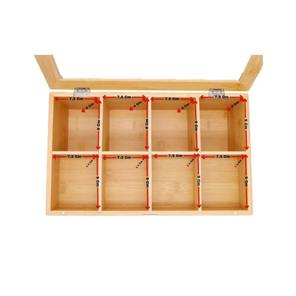 Wooden box with compartments and red measurements on a white background