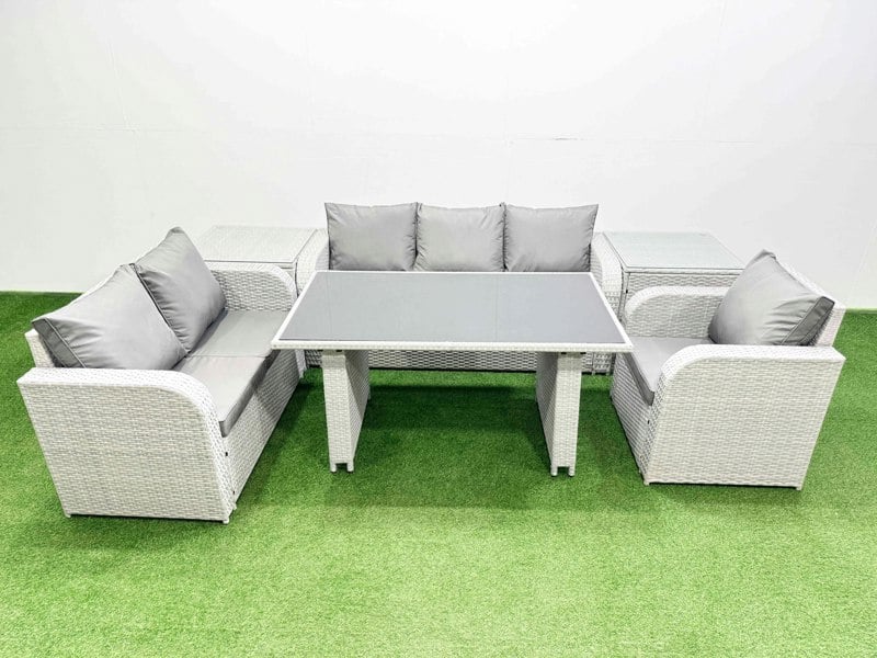 Fimous Rattan Outdoor Table Reclining Chair Sofa Set with 2 Side Tables Light Grey 6 Seater