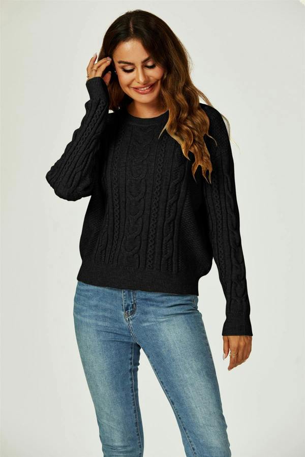 FS Collection Cable Knit Crew Neck Jumper In Black