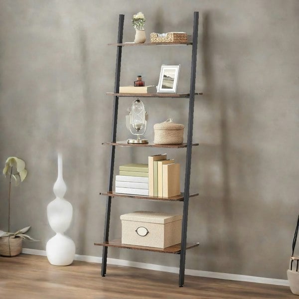 Rafaelo Mobilia Industrial 5 Tier Wall Ladder Shelf Rustic Brown