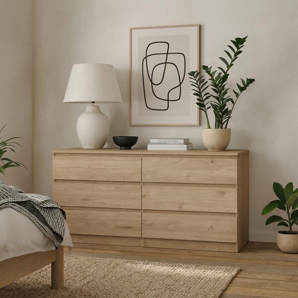 Wyld Haus Budapest Natural Oak Effect Wood Wide Chest 6 Drawers