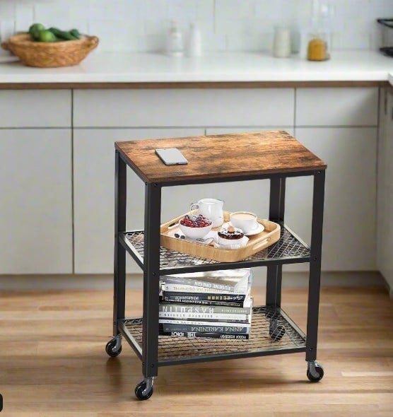 Modcraft Vintage 3-Tier Serving Trolley with Wheels, Rustic Rolling Kitchen Cart, Heavy Duty Storage Shelf
