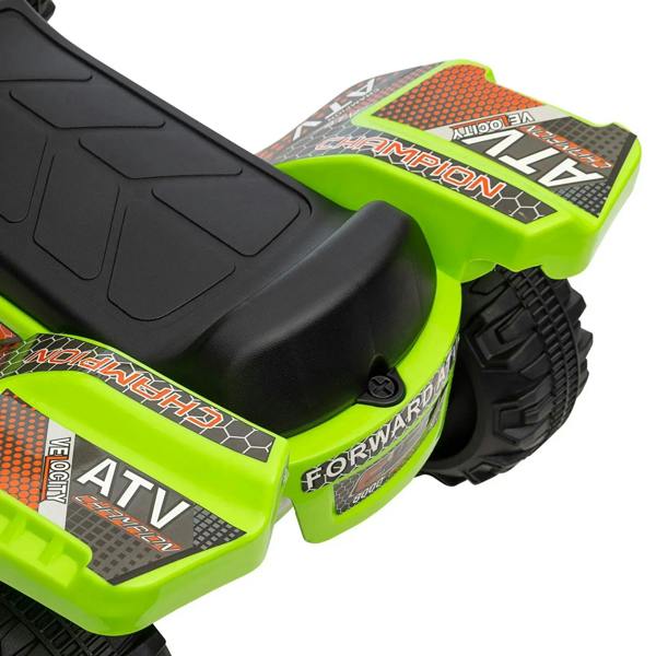 Close-up of green ATV ride-on quad bike body with black seat and rugged front tire