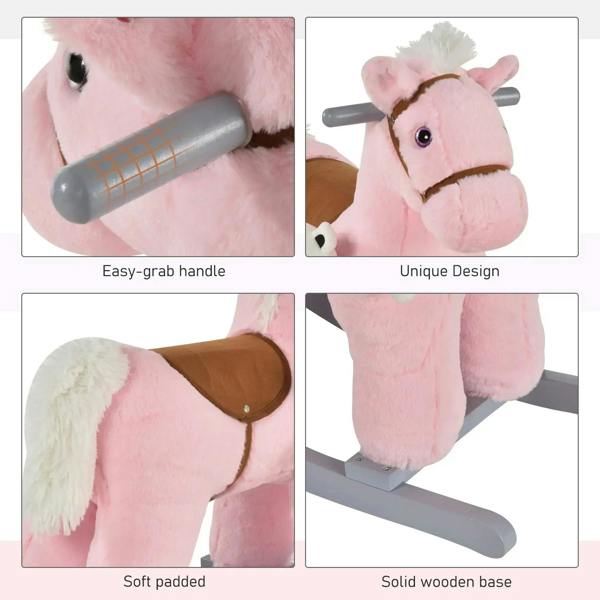 Pink plush rocking horse toy details: easy-grab handle, soft padding, wooden base