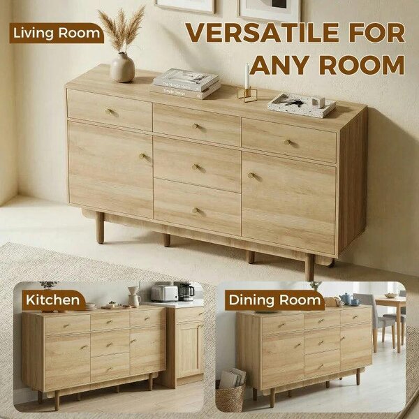 Sideboard with 5 Drawers and 2 Cabinets Buffet Cabinet with Solid Wood Legs 136 cm Walnut