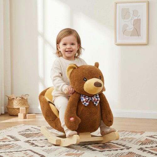 AIYAPLAY Cartoon Bear Wooden Rocking Horse Toy Musical Plush Seat Belt Brown