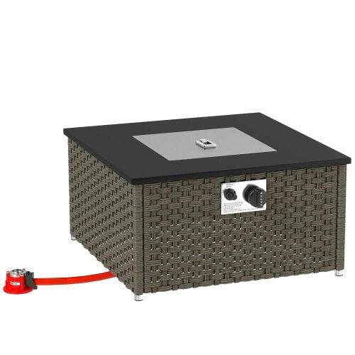 Bobobiy Rattan Gas Fire Pit Table, 13 KW Smokeless Propane Fire Pit with Lid, 58 x 33 cm, Grey, 58 x 58 x 33 cm